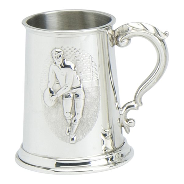 1 pint pewter tankard with stamped rugby scene