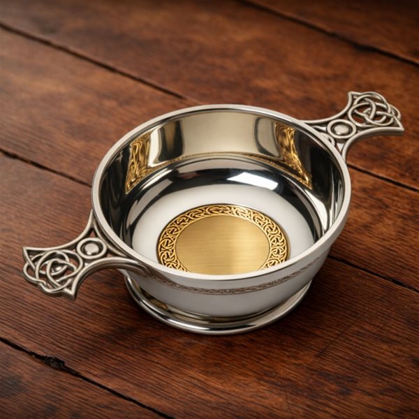 3 inch pewter quaich with Celtic brass ring detail