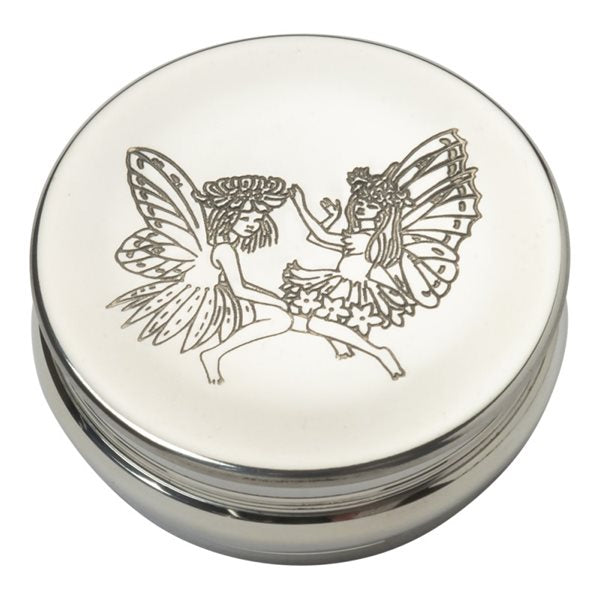 50mm round pewter trinket box with two fairies design