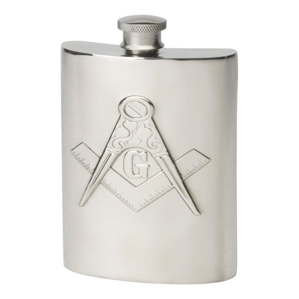 6oz pewter hip flask with Masonic square and compass emblem