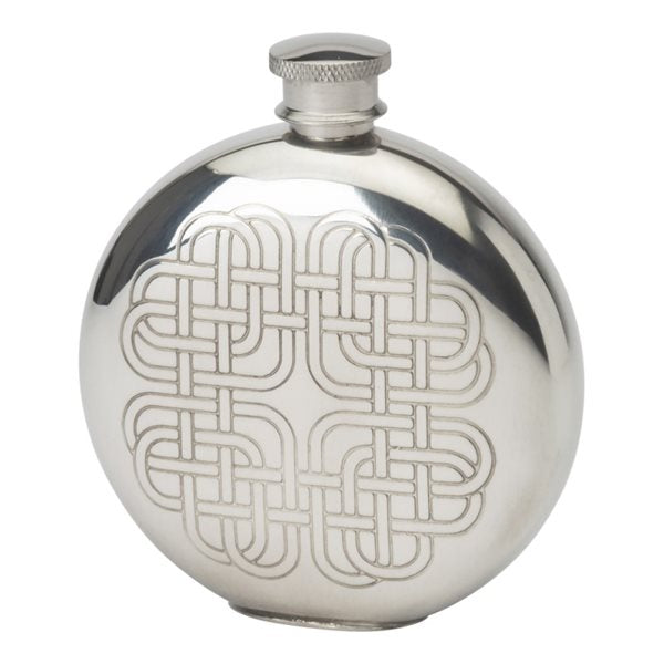 6oz round pewter hip flask with Celtic knot design