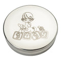 90mm round pewter trinket box with ABC baby blocks design