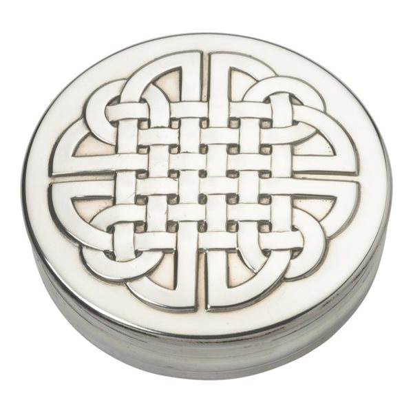 90mm round pewter trinket box with woven Celtic knot design