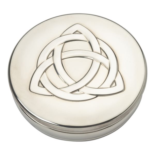 90mm round pewter trinket box with Celtic triangle knot design