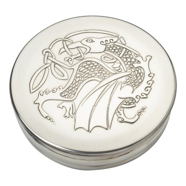 90mm round pewter trinket box with Kells dragon design