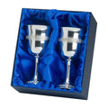 Pair of pewter goblets in blue satin presentation box