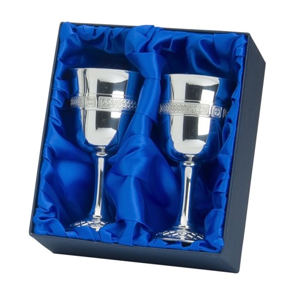 Pair of pewter goblets in blue satin presentation box